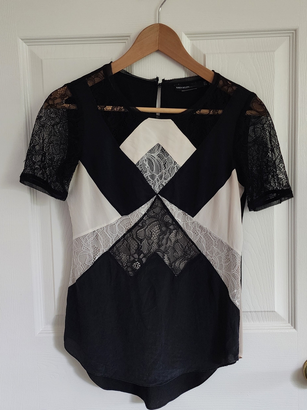 Karen Millen Black and White Lace Inset Short Sleeve Top